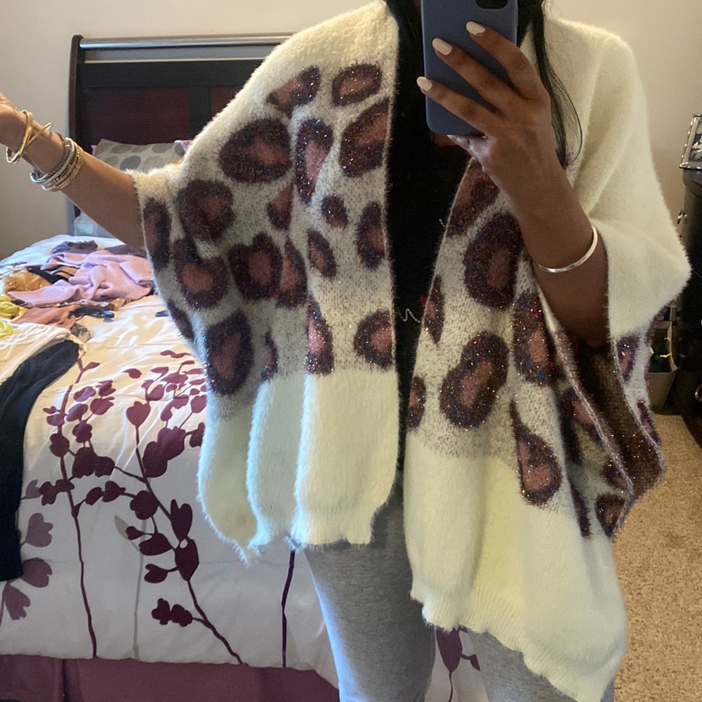 Anthropologie cream cardigan with metallic leopard print